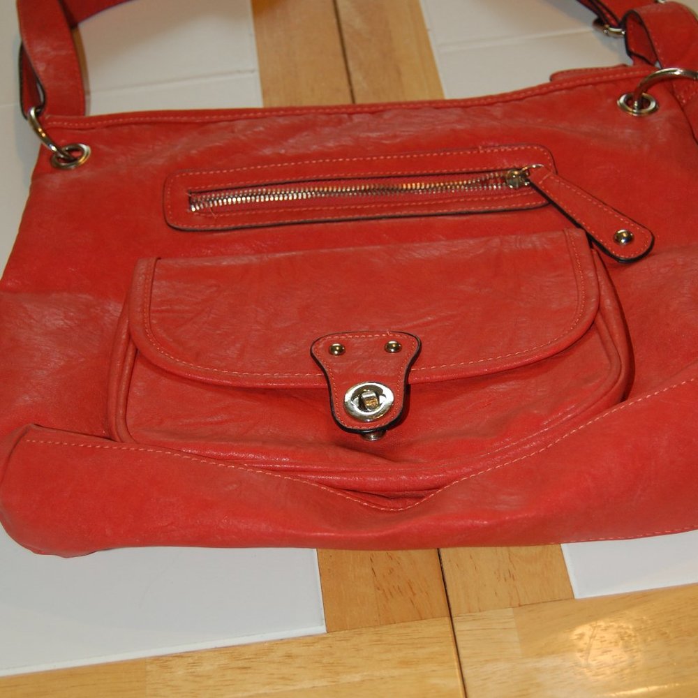 Bueno Salmon Faux Leather Shoulder Bag 14" x 12" W/29" Double Adjustable Strap - Picture 10 of 13